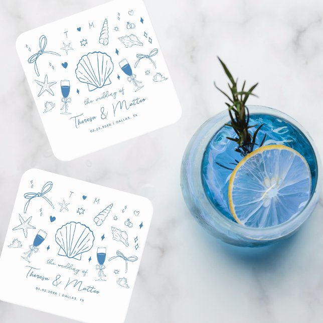 Whimsical Fun Hand Drawn Nautical Coastal Wedding Square Paper Coaster (Creator Uploaded)