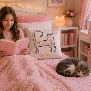 Whimsical Fun Pink Floral Cat Named Think Pink Throw Pillow