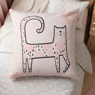 Whimsical Fun Pink Floral Cat Think Pink Throw Pillow