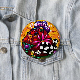 Whimsical Funky Chunky Floral Chicken Personalized 4 Inch Round Button