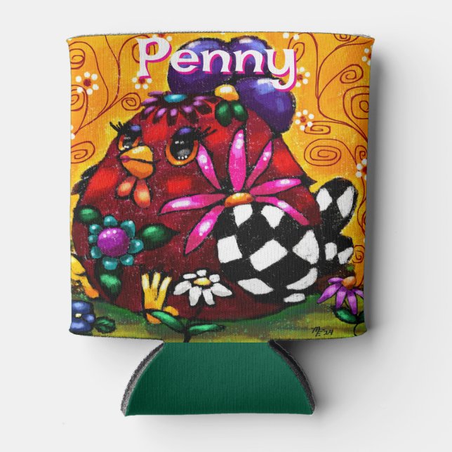 Whimsical Funky Chunky Floral Chicken Personalized Can Cooler (Front)