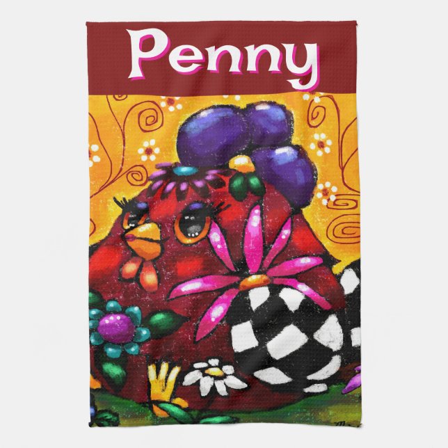 Whimsical Funky Chunky Floral Chicken Personalized Kitchen Towel (Vertical)