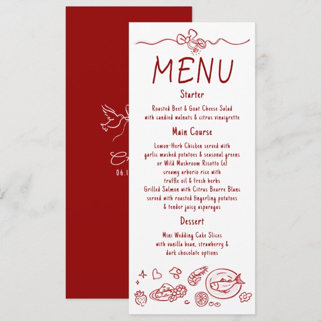 Whimsical Funky Decor Handwritten Red Wedding Menu (Devant / Derrière)