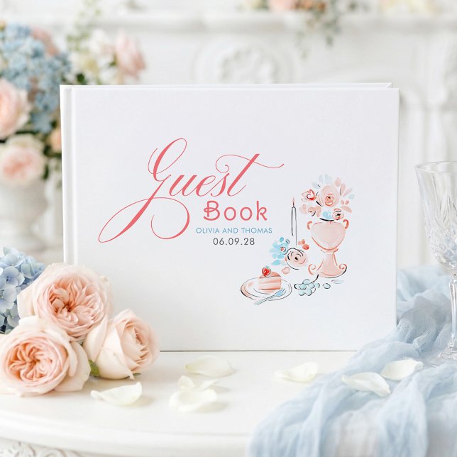 Whimsical Funky Floral Quirky Hand Drawn Wedding Guest Book (Dusty Blue and Pink Whimsical Wedding Guest Book)