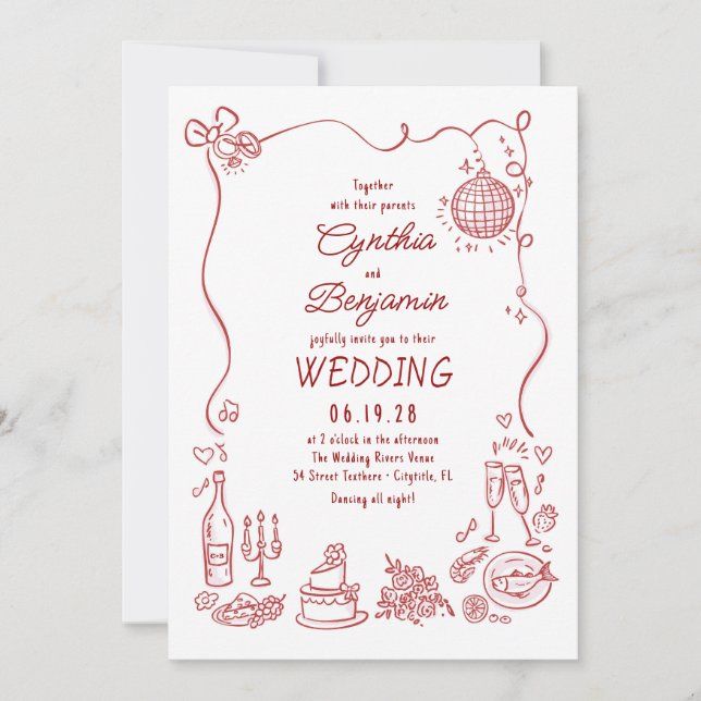 Whimsical Funky Hand Drawn Burgundy Retro Wedding Invitation (Front)