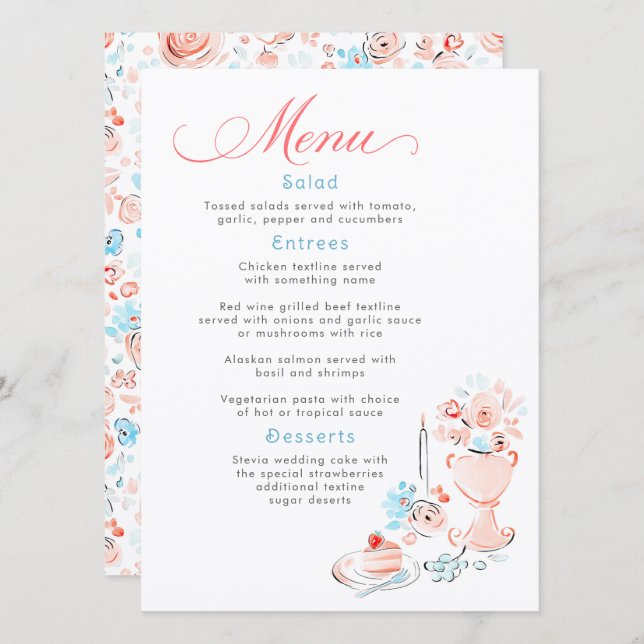 Whimsical Funky Hand Drawn Dusty Blue Wedding Menu (Front/Back)