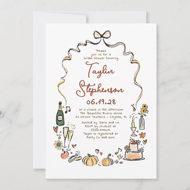 Whimsical Funky Hand Drawn Fall Bridal Shower Invitation (Front)