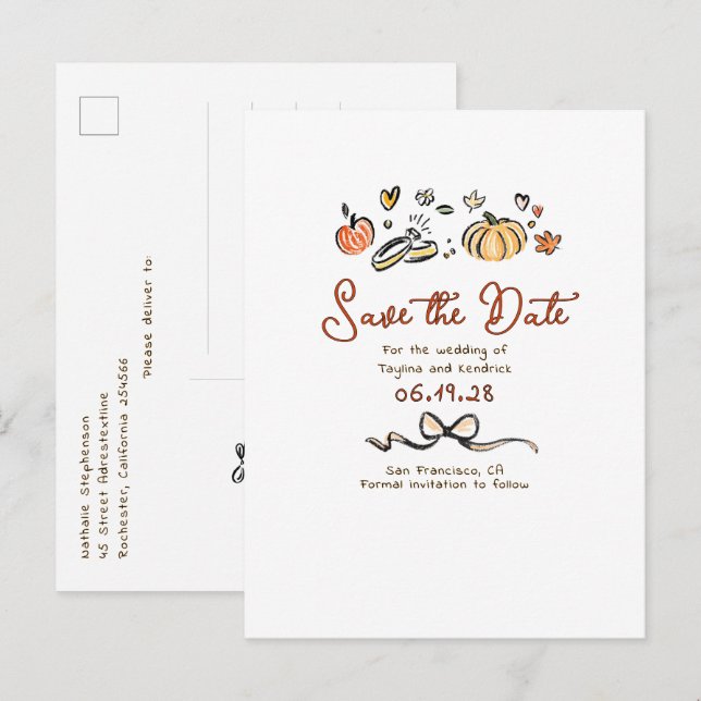 Whimsical Funky Hand Drawn Fall Save The Date Announcement Postcard (Front/Back)