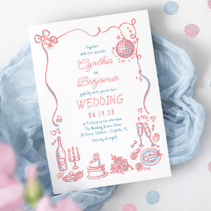 Whimsical Funky Hand Drawn Pink Blue Wedding Invitation