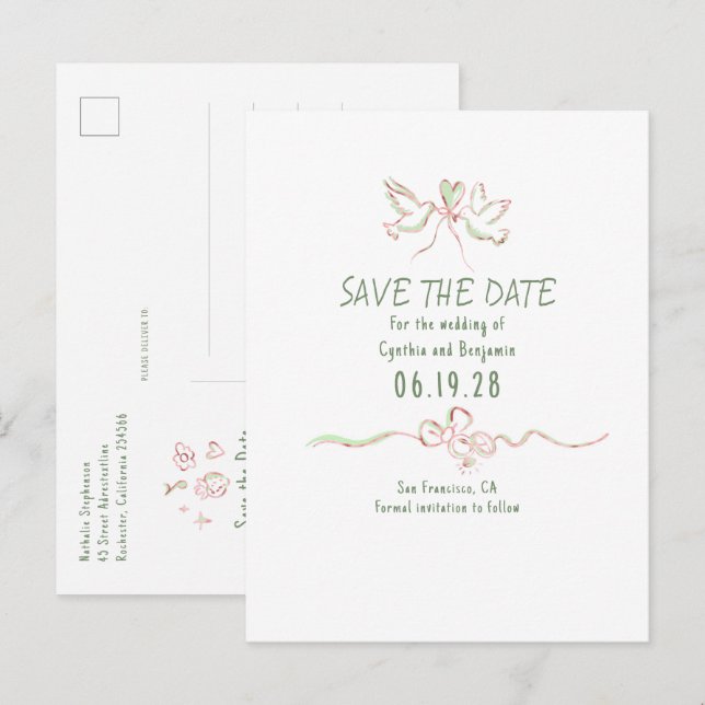 Whimsical Funky Hand Drawn Save The Date Announcement Postcard (Front/Back)