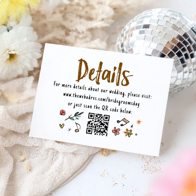 Whimsical Funky Hand Drawn Wedding Details QR Enclosure Card (Details QR code Wedding Information Cards)