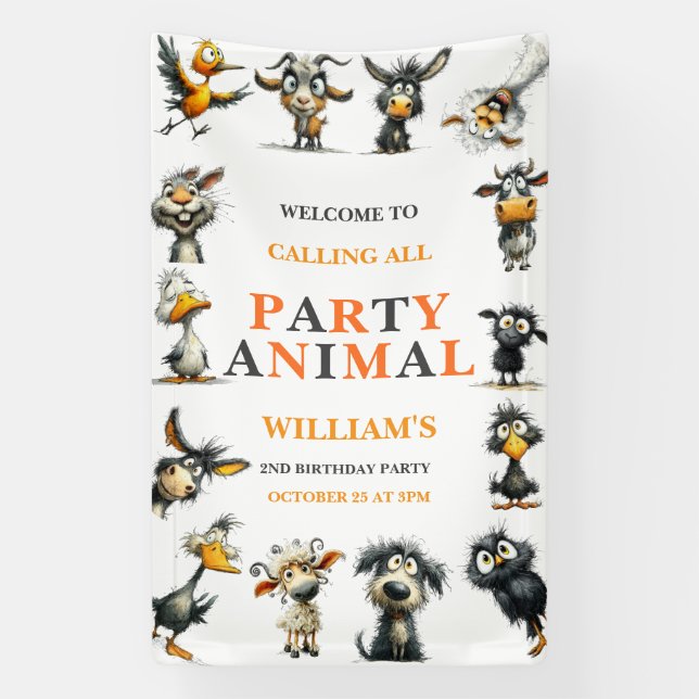 Whimsical Funny Animals 2nd Birthday Party Banner (Vertical)