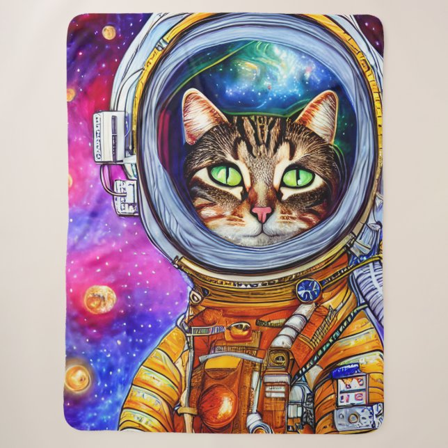 Whimsical Funny Astronaut Cat Sherpa Blanket (Front)