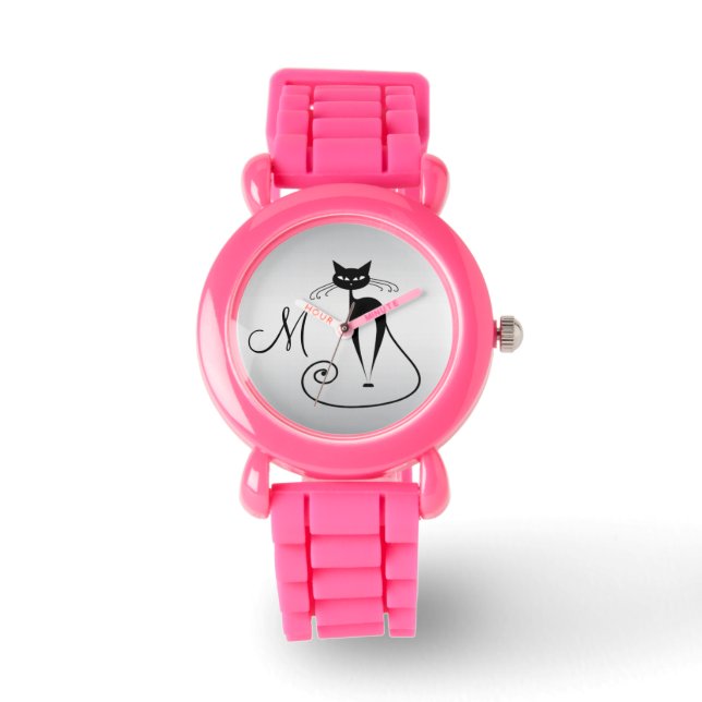 Whimsical Funny black cat elegant monogram Watch (Front)