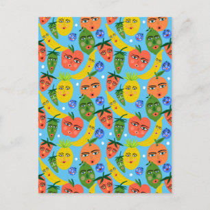 Whimsical Funny Fruit Salad Pattern Blue Postcard