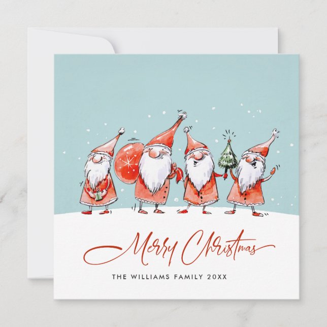 Whimsical Funny Santa Claus Gnomes Christmas Holiday Card (Front)
