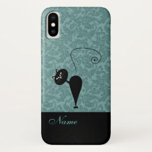 Whimsical Funny trendy black cat damask Case-Mate iPhone Case