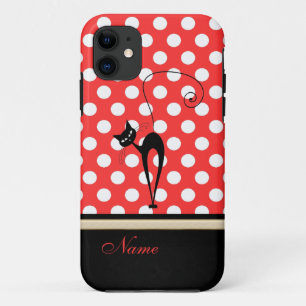 Whimsical Funny trendy black cat polka dots iPhone 11 Case
