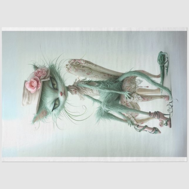 Whimsical Furry Sage Green Cat Decoupage Tissue Paper (Front)