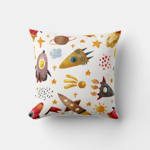 Whimsical Galaxy Rocket Ship Pattern Kids Decor Throw Pillow