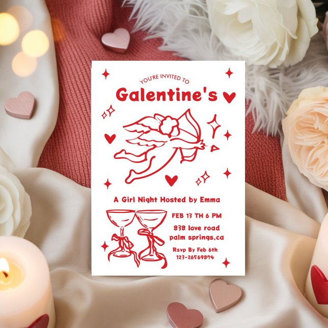 Whimsical Galentines Hand Drawn  red girls Party  Invitation (Creator Uploaded)