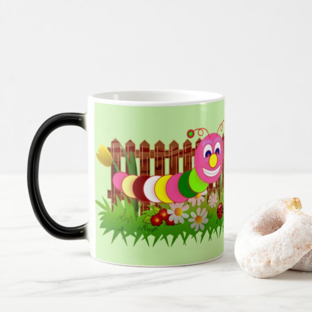 Whimsical Garden Bug Green Fence Funky Cute Kid  Magic Mug (With Donut)