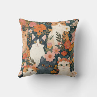 Whimsical Garden Cats Throw Pillow