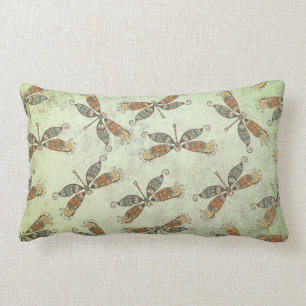 Whimsical Garden Dragonfly Pattern On Sage Green Lumbar Pillow