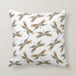 Whimsical Garden Dragonfly Pattern On White Throw Pillow