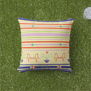 Whimsical Garden: Folk-Art Bird & Striped Pastel Outdoor Pillow