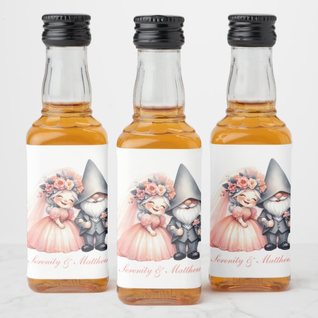 Whimsical Garden Gnome Bride Groom Orange Wedding Liquor Bottle Label (Bottles)