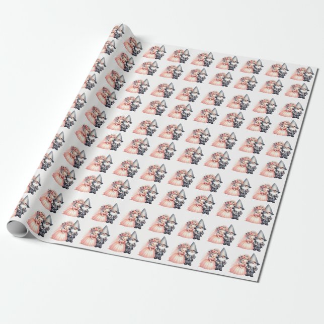Whimsical Garden Gnome Bride & Groom Wedding Wrapping Paper (Unrolled)