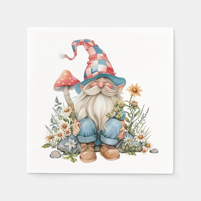 Whimsical Garden Gnome Wildflowers Floral Summer Napkin (Front)