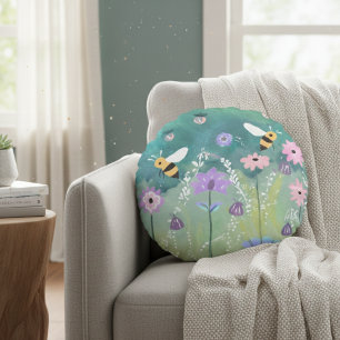 Whimsical Garden Meadow Bees Flowers Fireflies  Round Pillow