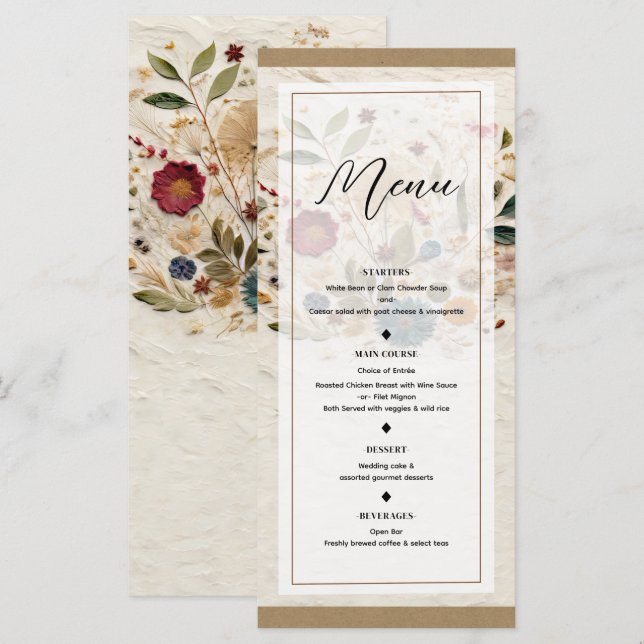 Whimsical Garden Pressed Flowers Bohemian Menu (Front/Back)