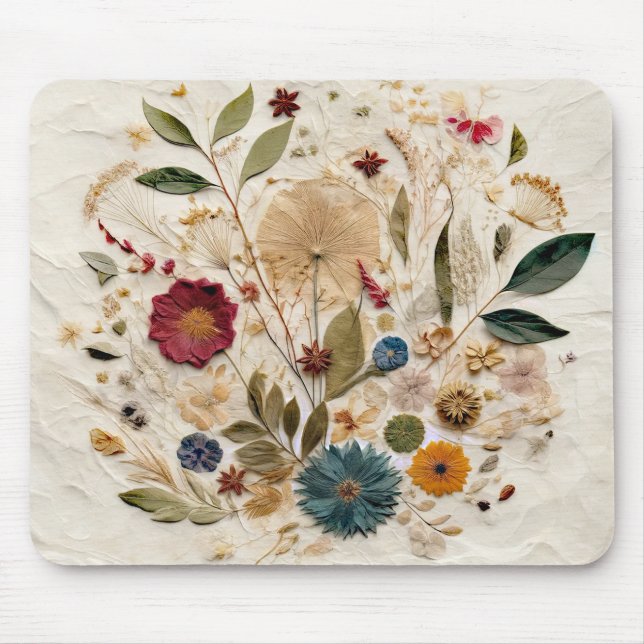 Whimsical Garden Pressed Flowers Bohemian Mouse Pad (Front)
