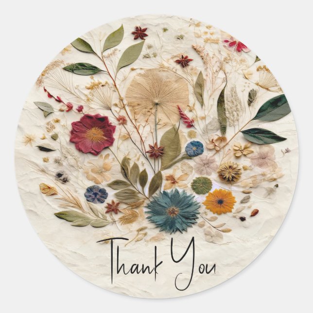 Whimsical Garden Pressed Flowers Bohemian Wedding Classic Round Sticker (Front)