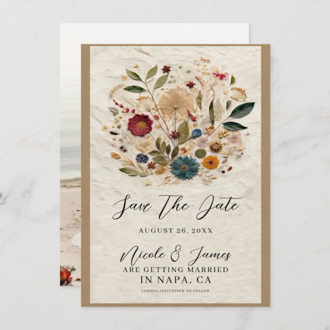 Whimsical Garden Pressed Flowers Bohemian Wedding Invitation (Front/Back)