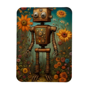 Whimsical Garden Robot Digital Art Magnet