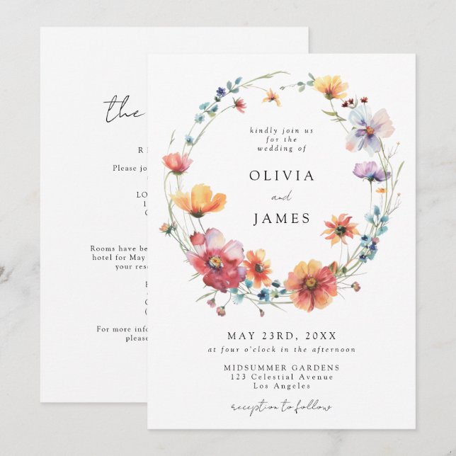 Whimsical Garden Wildflower All-In-One Wedding Invitation (Front/Back)