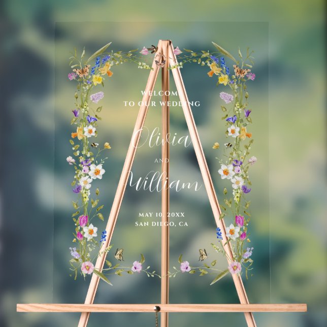 Whimsical Garden Wildflower Wedding Welcome Acrylic Sign (Neutral)