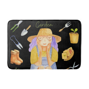 Whimsical Gardening Lady Watercolor Art Bath Mat