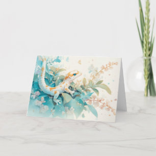Whimsical Gecko Amongst Soft Pastel Leaves Card
