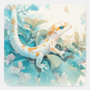 Whimsical Gecko Amongst Soft Pastel Leaves Square Sticker