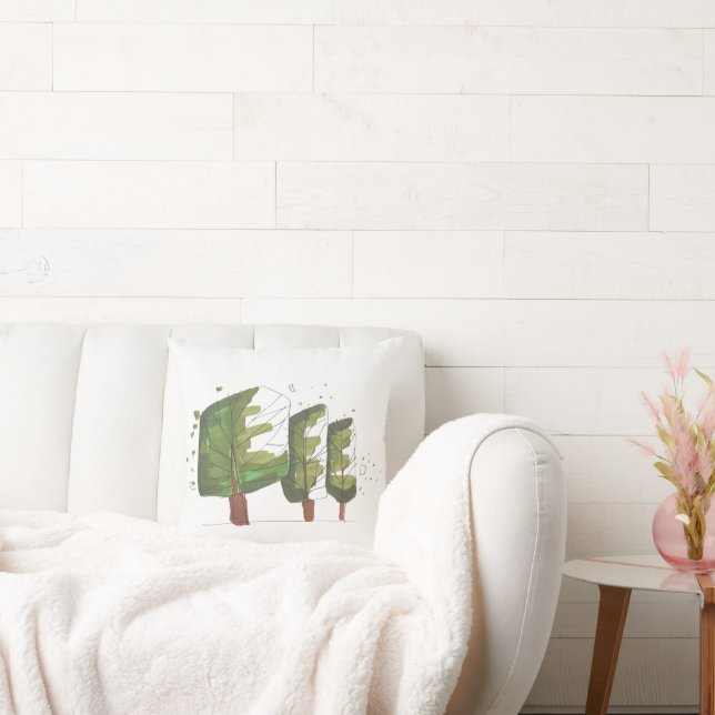 Whimsical Geometric Trees–Hand-Drawn Illustration Throw Pillow (Couch)