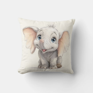 Whimsical Ghibli-Inspired Baby Elephant Art Print Throw Pillow