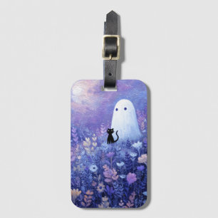 Whimsical Ghost and Cat in Twilight Meadow Luggage Tag
