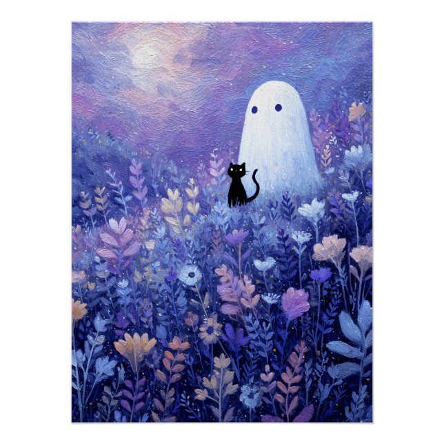 Whimsical Ghost and Cat in Twilight Meadow Poster (Front)