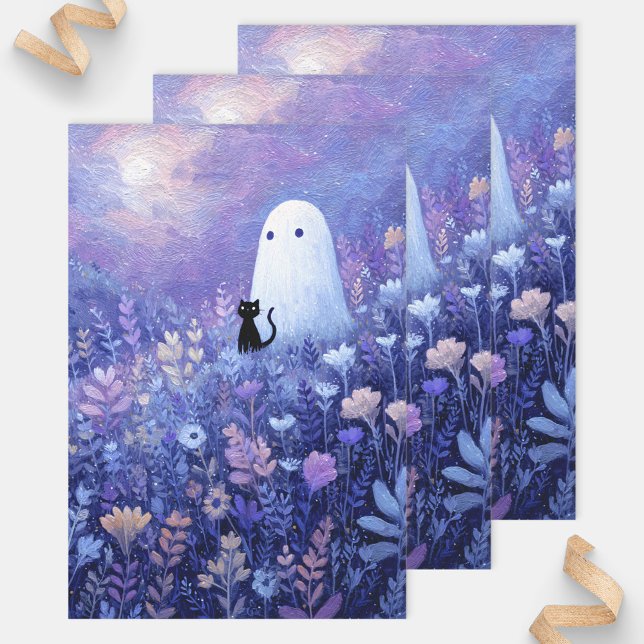 Whimsical Ghost and Cat in Twilight Meadow Wrapping Paper Sheet (Creator Uploaded)