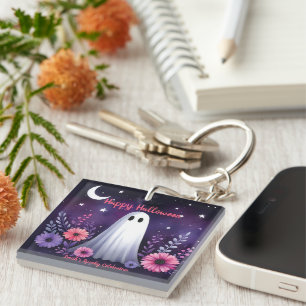 Whimsical Ghost and Floral Spooky Pink Purple Keychain